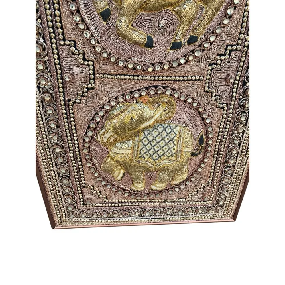 Vtg Burmese Thai Kalaga Tapestry Wall Art Elephant Peacock Lion Beaded 54” Large - Picture 12 of 16
